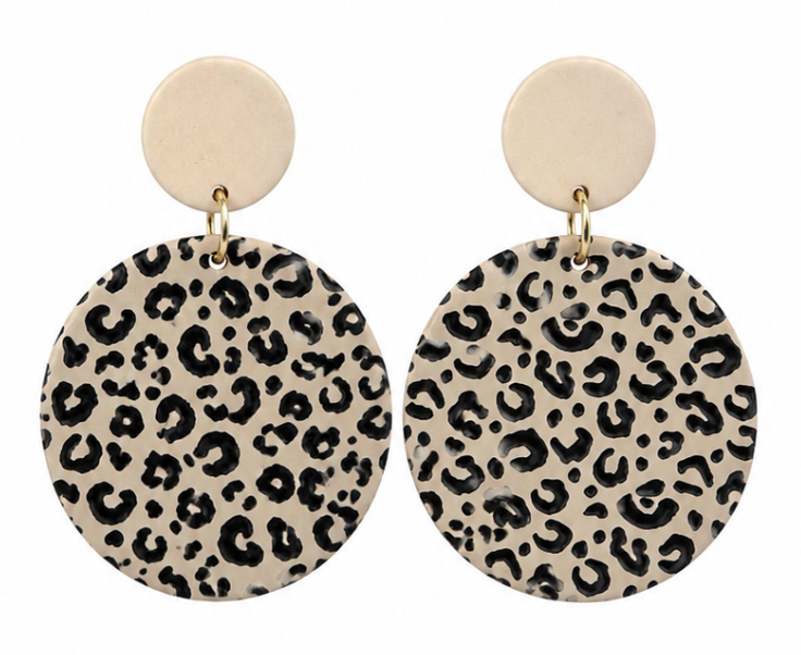 Cream Cheetah Print Circle Earrings