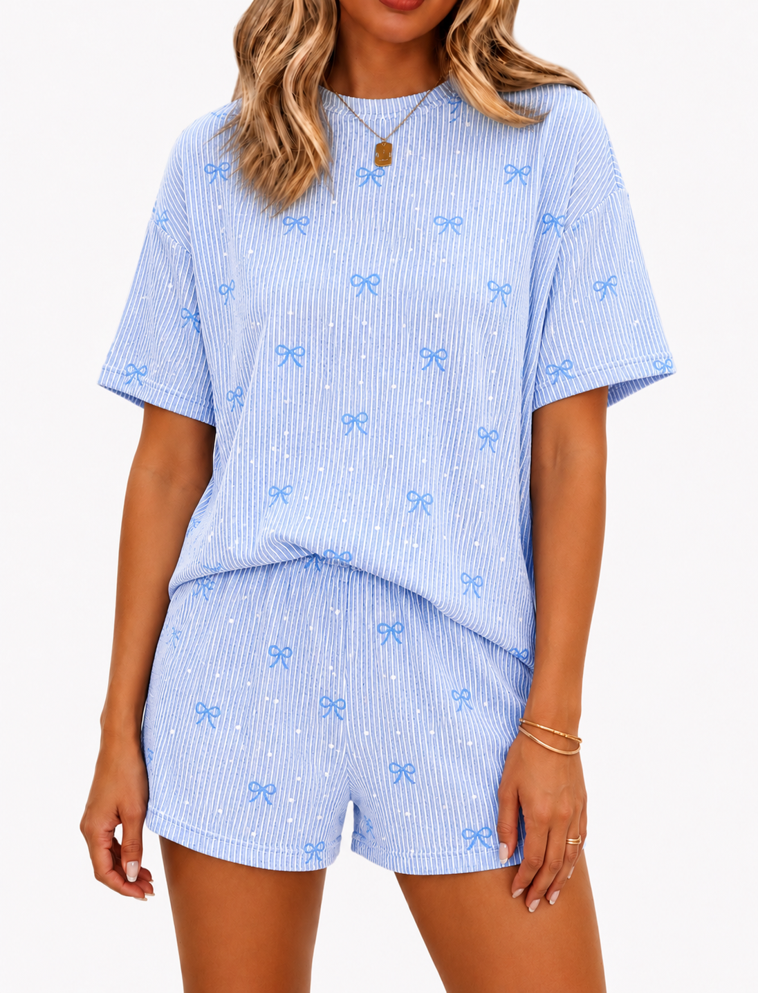 Light Blue Ribbed Set With Bows