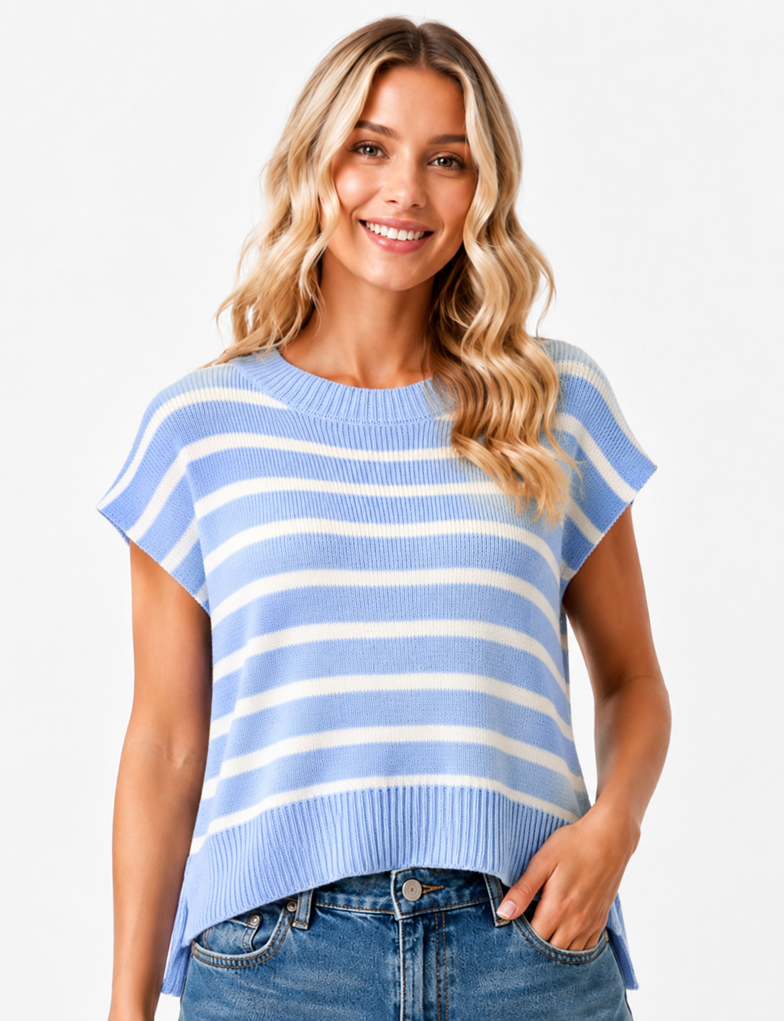 Blue And White Striped Knit Sweater