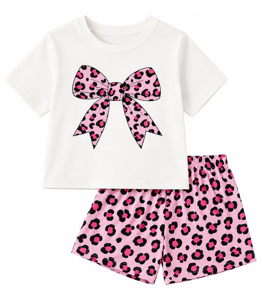 Kids Pink Cheetah Print Bow Set