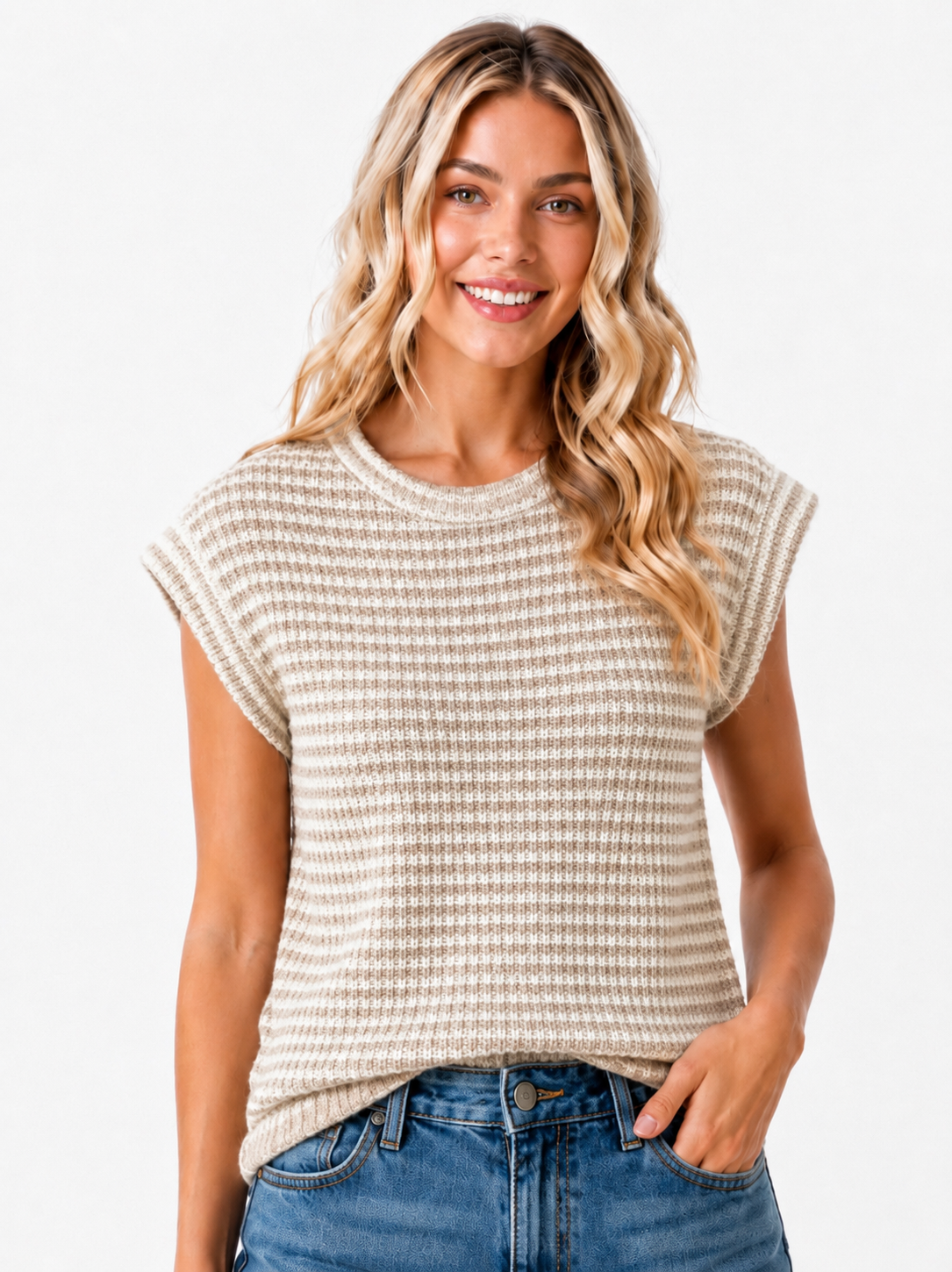 Tan And White Striped Knit Sweater