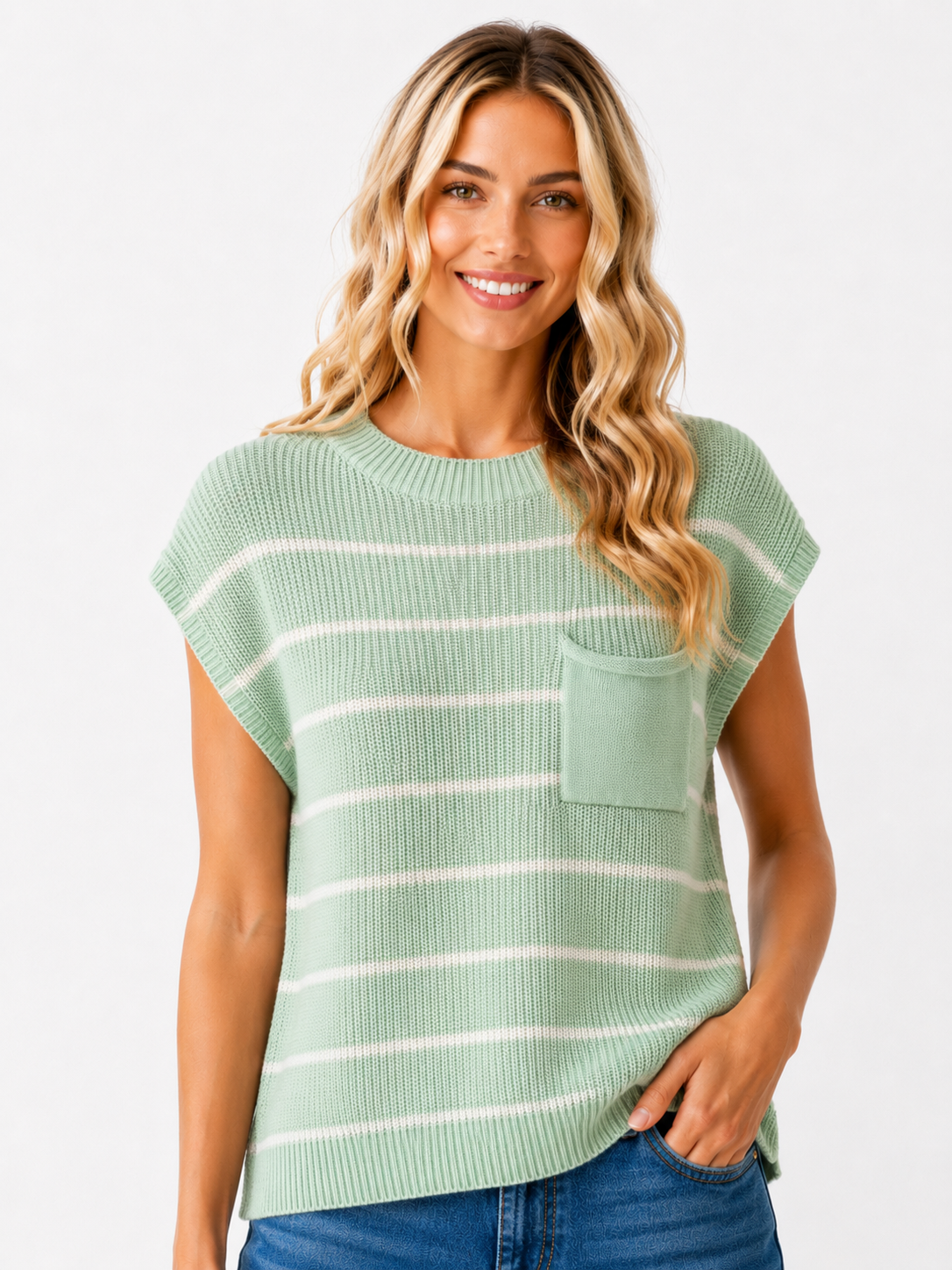 Mint Green and White Striped Sweater