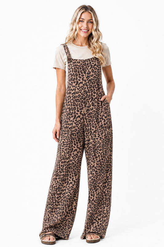 Cheetah Print Ribbed Overalls