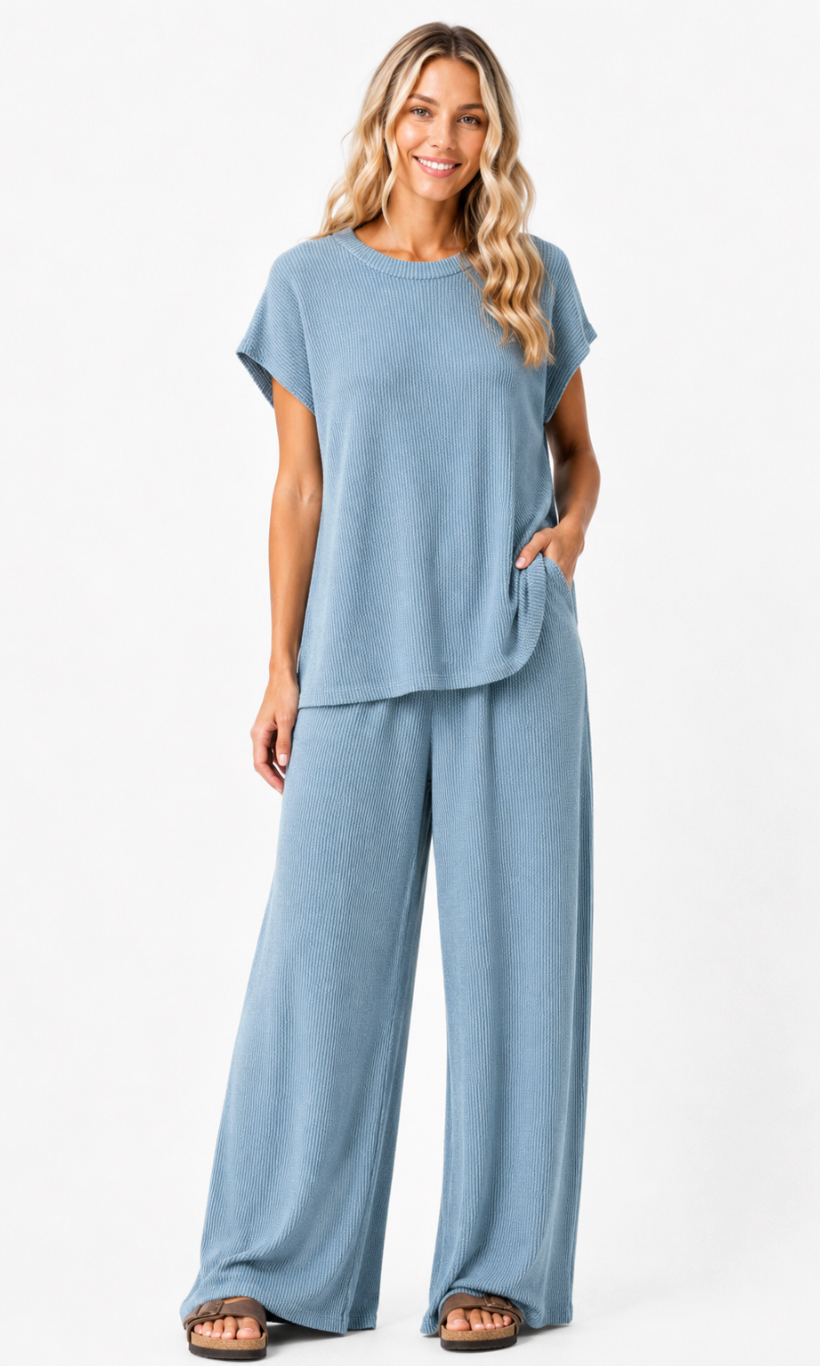 Denim Blue Zenana Ribbed Set