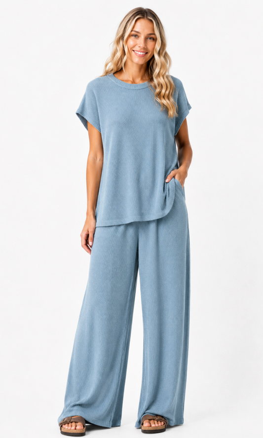 Denim Blue Zenana Ribbed Set