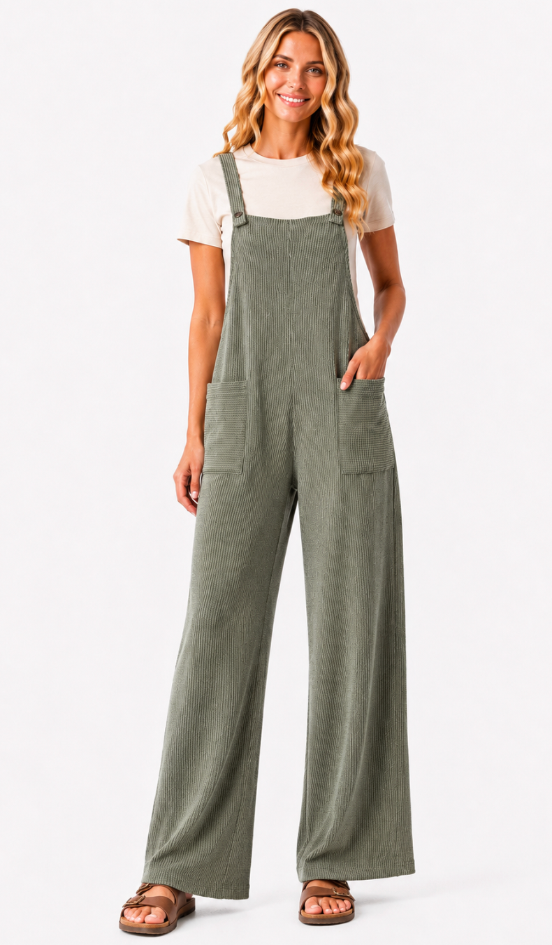 Olive Green Ribbed Overalls