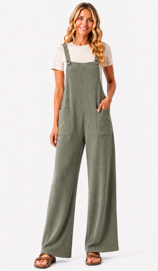 Olive Green Ribbed Overalls